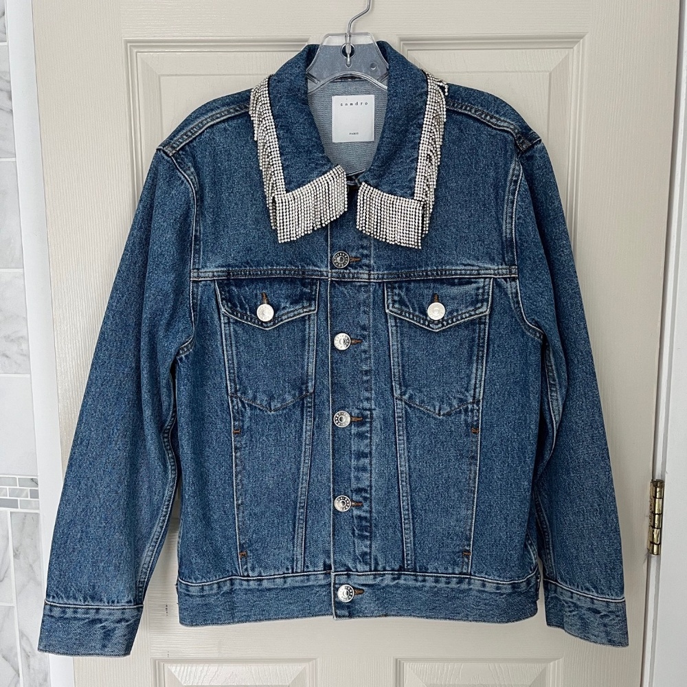 Sandro Womens Jean Jacket Rhinestone Collar Size M (EU 38)